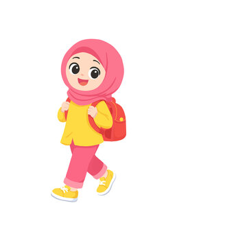 Muslim girl walking to school with backpack cute cartoon illustrations 