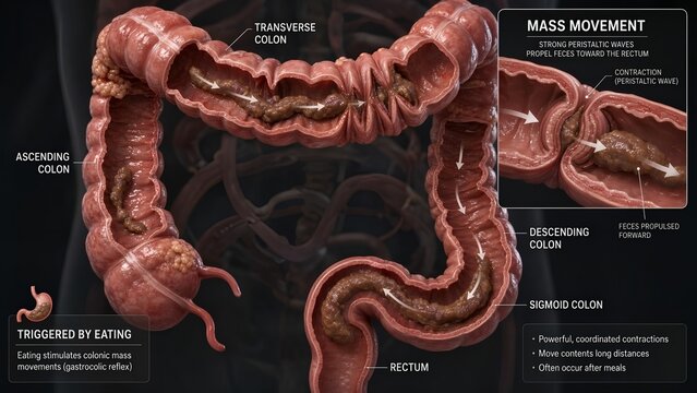 Educational medical model of human colon featuring a detailed inset demonstrating mass movement, showing strong peristaltic waves propelling feces from the transverse colon to the rectum after eating