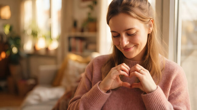 Smiling Woman Making Heart Gesture While Relaxing in Cozy Sunlit Home Apartment
