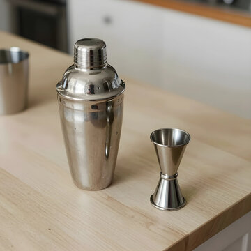 Mixology and cocktail preparation, stainless steel shaker and jigger on a wooden kitchen counter for professional bartending and home bar lifestyle