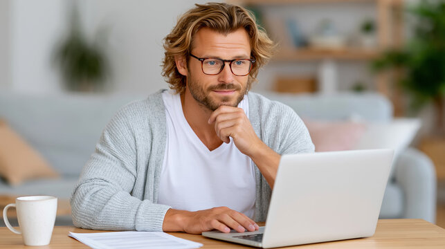 Focused man working on laptop at home for remote career planning and digital productivity