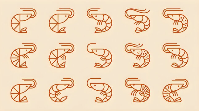 Collection of abstract lineart shrimp icon designs on a beige background