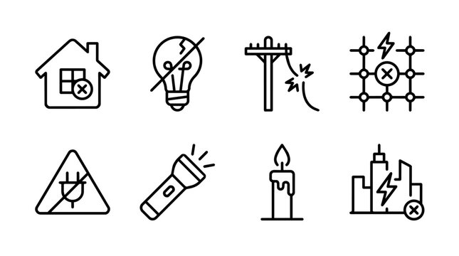 Power outage and electricity failure line icons set with blackout house, broken bulb, damaged power line, grid failure, flashlight and candle