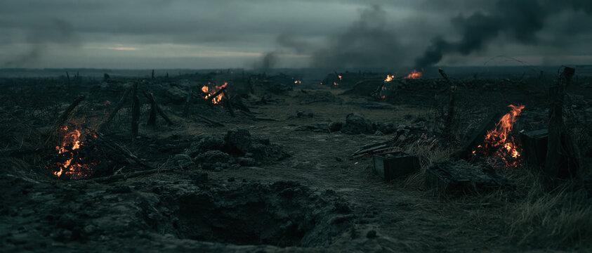 Burning battlefield with smoke, charred ground, and dark sky at war front