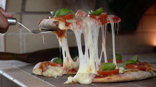 Sliding cook's spatula lifting margherita pizza from wood-fired oven for serving, cheese pulling