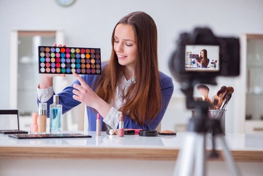 Vlogger recording makeup tutorial video for social media. Beauty influencer showing eyeshadow palette to camera. Content creator