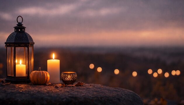 Autumn still life with a black lantern, white candles, orange pumpkin, and fallen leaves on stone at dusk, cozy fall mood, harvest celebration, Thanksgiving, Halloween.