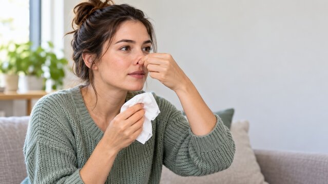 A woman gently pinches the soft part of her nose while holding a tissue during a mild nosebleed at home. The close portrait shows a calm upright posture for simple self care.