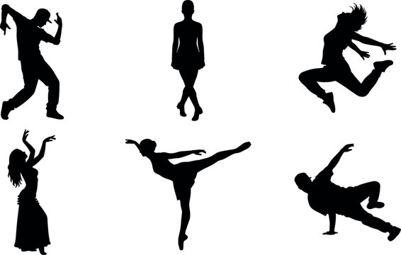 Silhouettes of dancing figures in dynamic poses against a white background dancers movement athletic performance