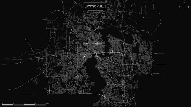 street grid map of Jacksonville, Florida on a black background, minimalist digital animation with flowing traffic lights