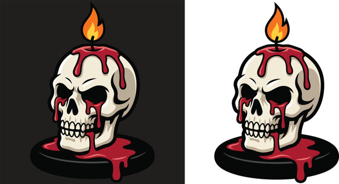 Skull Shaped Candle with Melting Wax and Flame Flat Vector Illustration