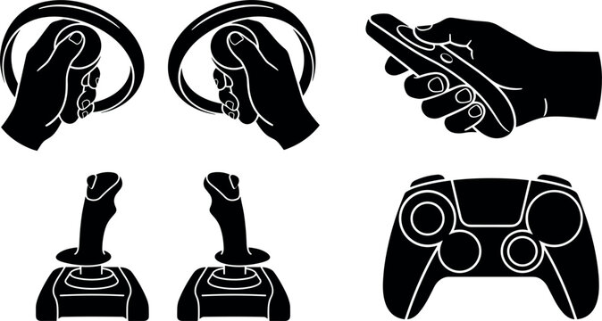 Silhouettes of hands on steering wheels joysticks and a game controller against a white background