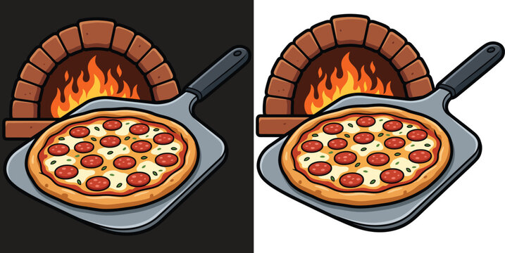 Fresh Pepperoni Pizza on Metal Peel with Brick Wood Fired Oven and Flames Flat Vector Illustration