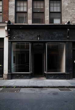 Retail vacancy and economic recession, empty storefront with dark facade in urban city street reflecting urban decay and small business closure crisis
