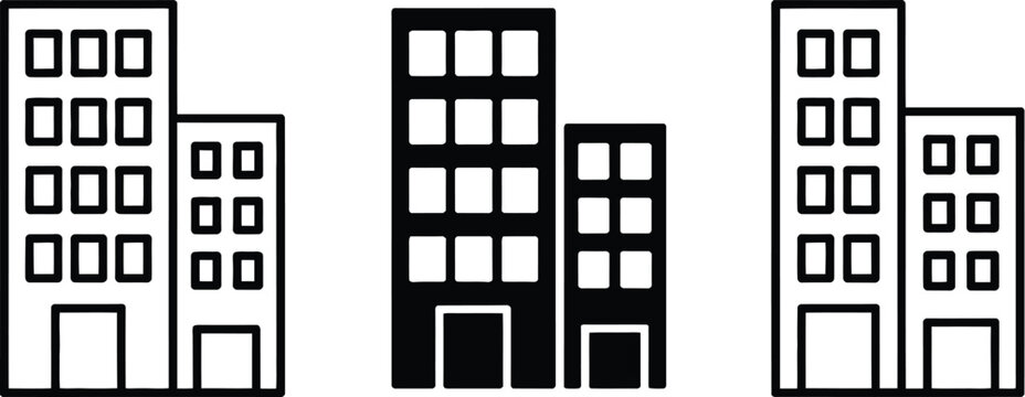 Modern Office Building Icon Set Featuring Commercial Architecture, Business Centers, Corporate Buildings, Urban Development, and City Landscape Illustrator
