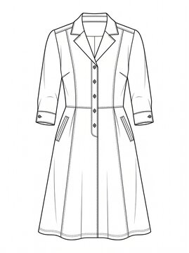 a flat vector line illustration of a women's button down dress technical fashion sketch