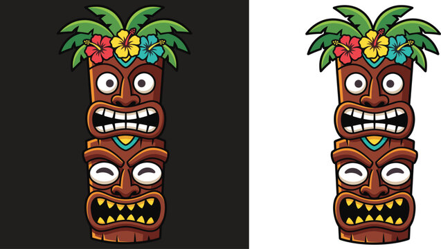 Tropical Wooden Tiki Totem Masks Stack Flat Vector Illustration