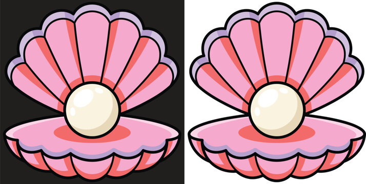 Open Pink Seashell with Shiny White Pearl Flat Vector Illustration