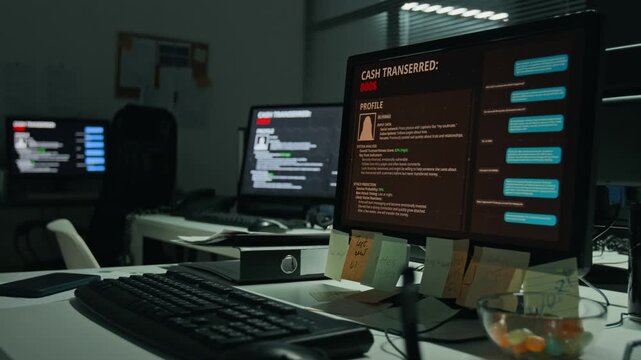 Computer monitors displaying illegal cash transfer and hacker data during cyberattack in office. Visual perfect for cybersecurity marketing, banking fraud videos, and technology presentations