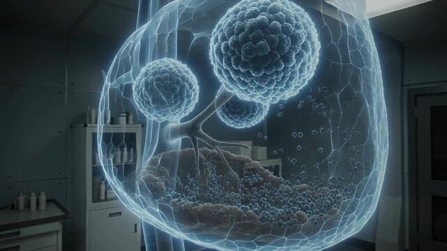 Animating organ model with three spheres reacting to bright core arising in clinic, forming bubbles