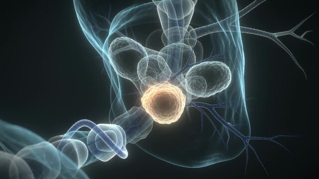 Showing sac cluster lighting after tube junction in organ closeup, central sac activating