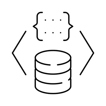 Database structure with curly braces and angle brackets representing backend programming, data management, and server side technology development