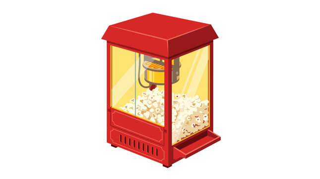 Isometric vector illustration of a classic red vintage-style popcorn machine maker with fluffy white popcorn inside, flat design style icon for cinema and carnival entertainment concepts.