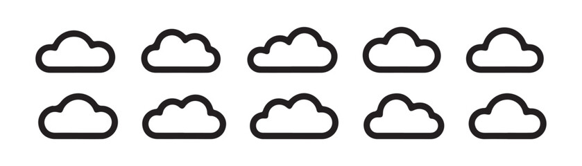 Fototapeta premium Simple cloud outline icons in black lines for clean website and mobile app interface development set.