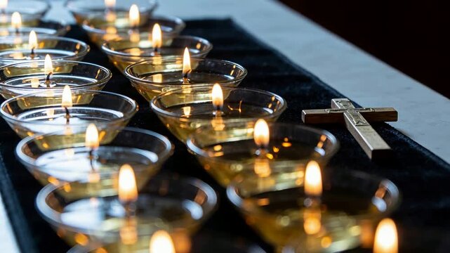 Flickering row votive lamps with lit wicks casting glow on altar runner for memorial, metal cross