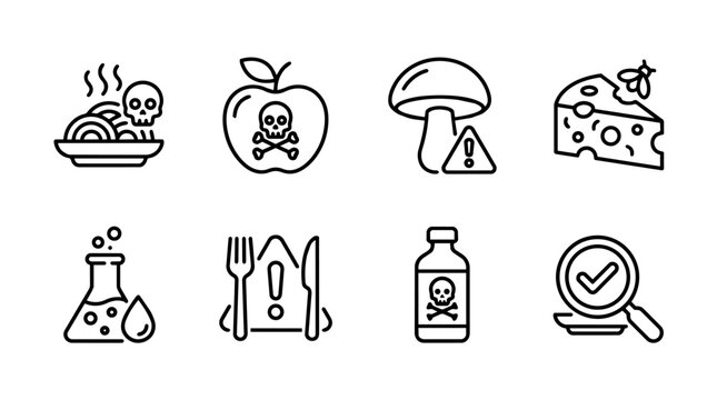 Food poisoning and contaminated food line icons set with spoiled meal, toxic apple, poisonous mushroom, unsafe cheese and food inspection