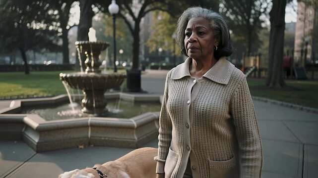 Dog nudging senior woman in cardigan holding leash, guiding Labrador past park fountain, copy space