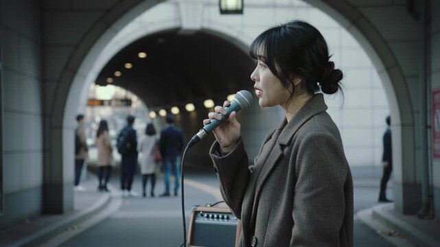 Singing woman in coat holding wired mic by amp projecting into arch, commuters gathering