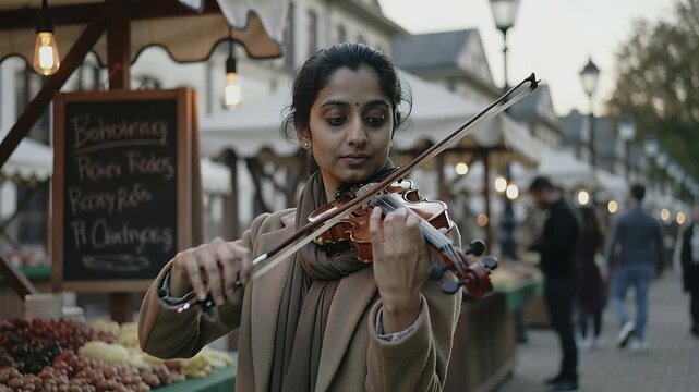 Preparing woman violinist drawing bow and fingering violin strings at outdoor market
