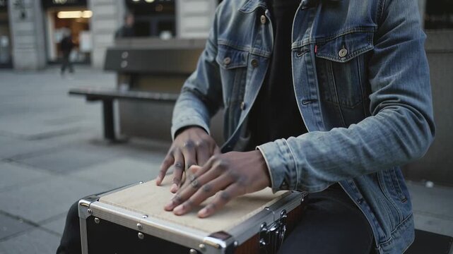 Playing busker in denim jacket striking cajon with palms, alternating slaps, rolls at plaza bench
