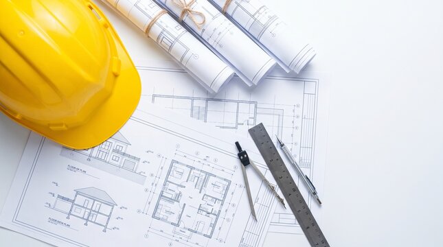 Architectural blueprints, hard hat, and drafting tools for construction project planning and design