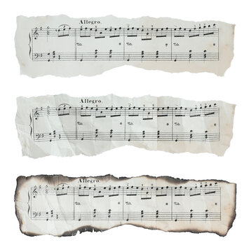 Set of torn, crumpled and burned pieces of old sheet music notes isolated on transparent background. Paper texture collection with vintage musical notation and damaged manuscript fragments