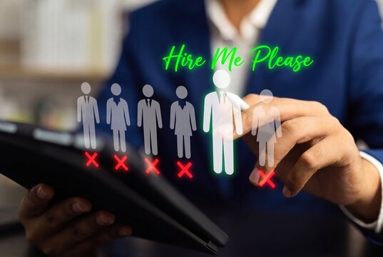Professional job recruitment concept photo, businessman selecting top candidate with Hire Me Please text on digital display