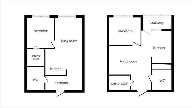 Set of colored floor plans top view for interior design. Architectural plans of apartments. Vector kit of layout from above of apartments with kitchen, bedroom, bathroom, living room. Design element
