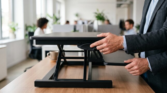 Professional businessman adjusting height adjustable standing desk converter mechanism in modern office workspace during daily work routine activities with colleagues