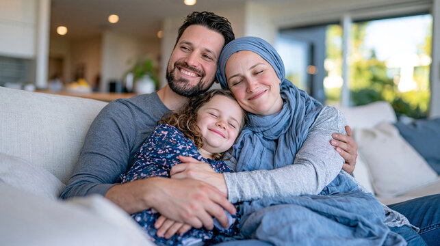 Caring family of three seated together on a cozy light-colored sofa, father holding his daughter while mother in a soft blue headscarf embraces them both, faces turned away and intentionally cropped