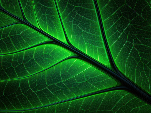 Green leaf vein network, macro closeup, luminous texture, abstract botanical background