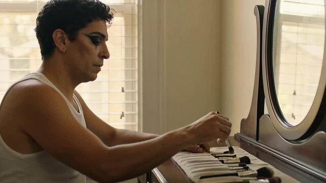 Testing cloth-roll brushes, man in white tank top preparing for show at wooden vanity with mirror