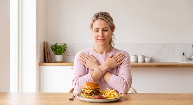 Woman Resisting Junk Food Refusing Burger and Fries for Healthy Diet