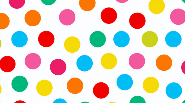Bright colorful polka dot pattern displayed on a seamless white background, fun retro pop art style design, with copy space