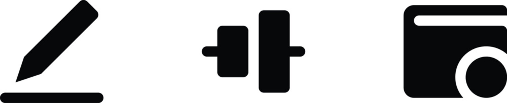 Set of three flat icons representing editing, alignment, and payment methods