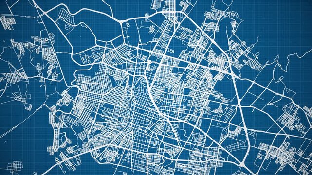 Ink reveal animation of Le&oacute;n city, Guanajuato, Mexico (M&eacute;xico) grid map. Aerial top view. Blueprint style. White lines with blue background. 4K Seamless loop.