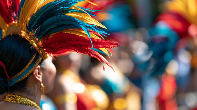 A lively carnival filling the streets with faceless dancers in colorful feathered costumes and a joyful crowd, with copy space