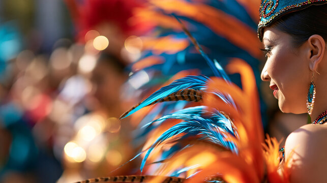 A lively carnival filling the streets with faceless dancers in colorful feathered costumes and a joyful crowd, with copy space