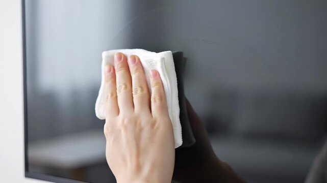 ?Hand cleans screen with cloth: efficient electronic cleaning demonstrated