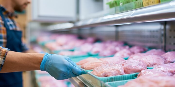 Worker handling packaged raw chicken meat